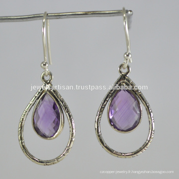 Pierres précieuses d&#39;améthyste pourpre avec motif en argent sterling Conception à la main Big Dangle Earring for Party